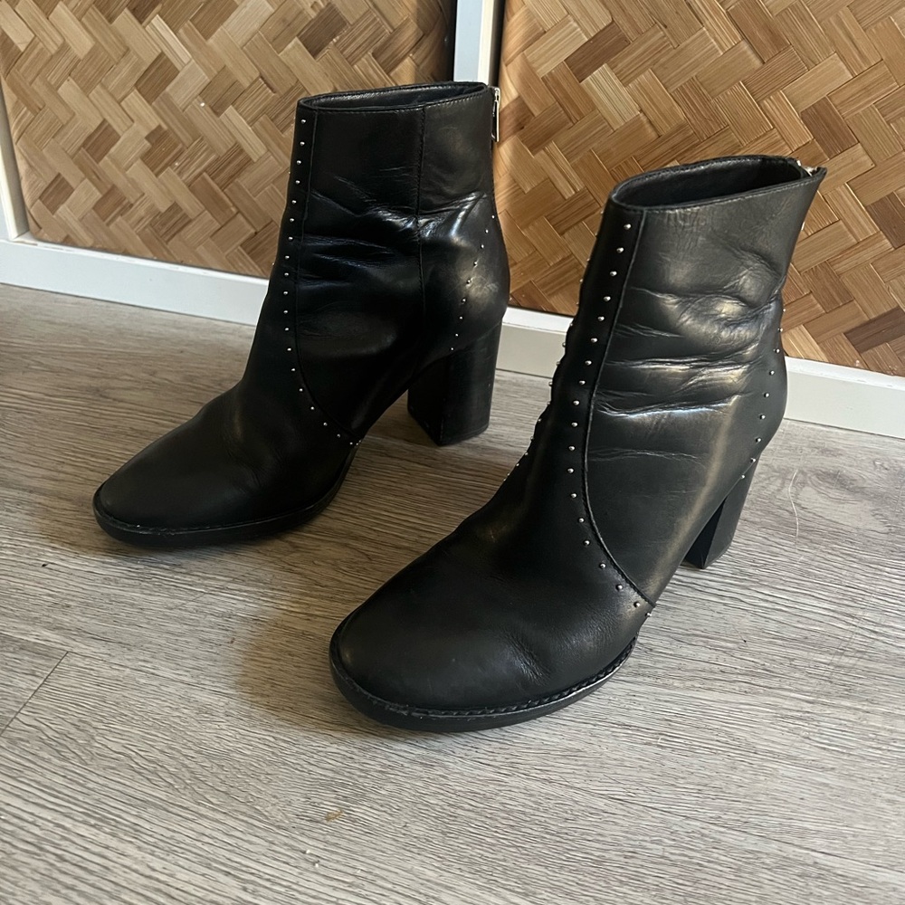 All Saints Black Leather Studded Block Heel Ankle Boots - Picture 8 of 13